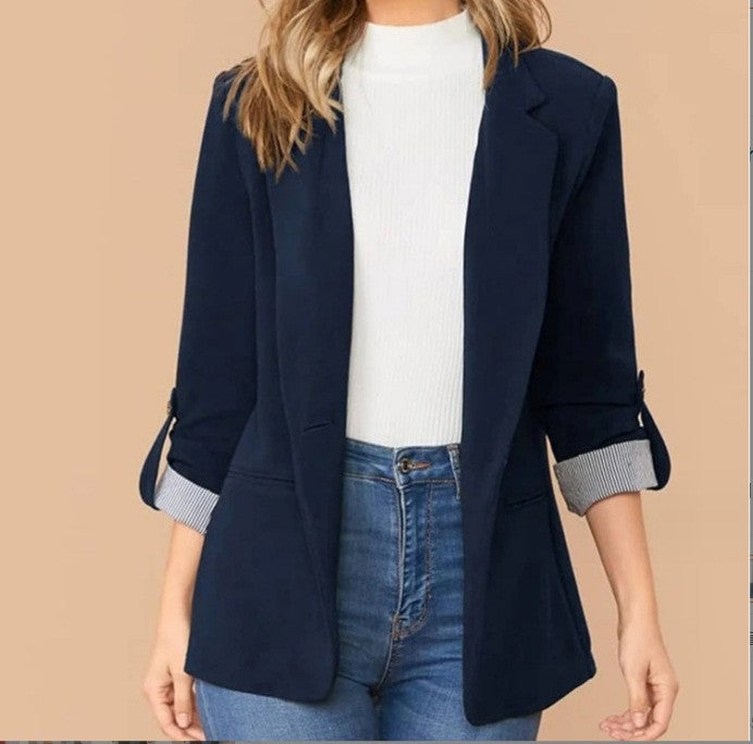 Women nan tailored casual blazer with turned-up sleeves and decorative button detail Mune Fashion