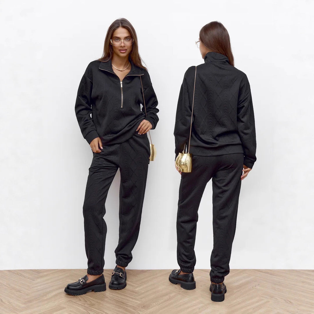 Women's Cable Knit Lounge Set with Half Zipper and High-Waisted Jogging Pants Mune Fashion