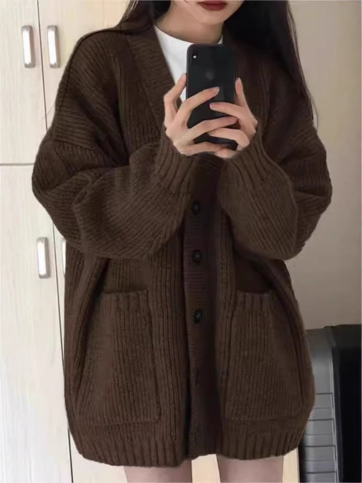 Women Oversized Knit Cardigan with Patch Pockets and Continuous Button Placket Mune Fashion