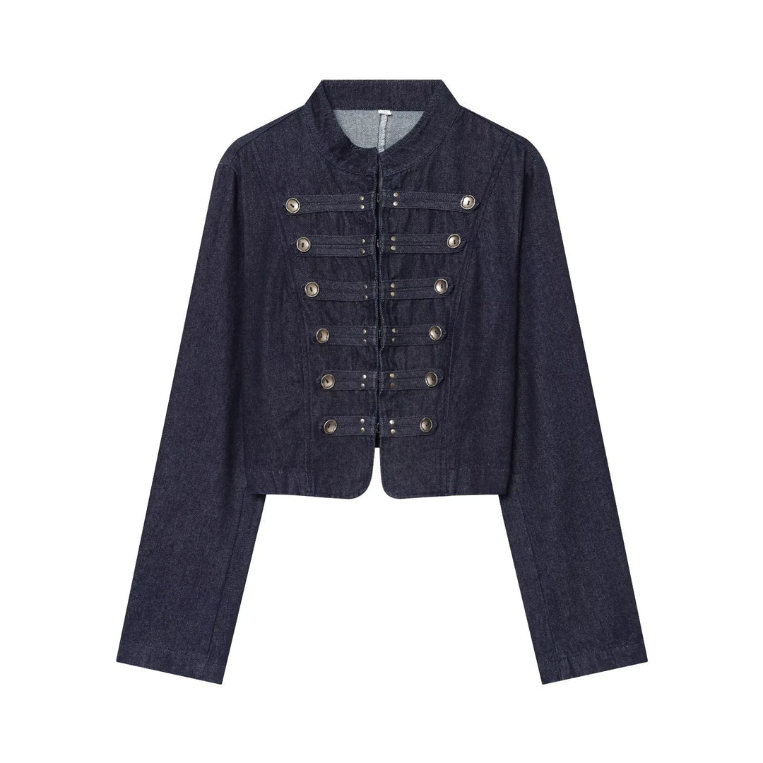 Women short denim military jacket with stand-up collar and decorative button placket Mune Fashion