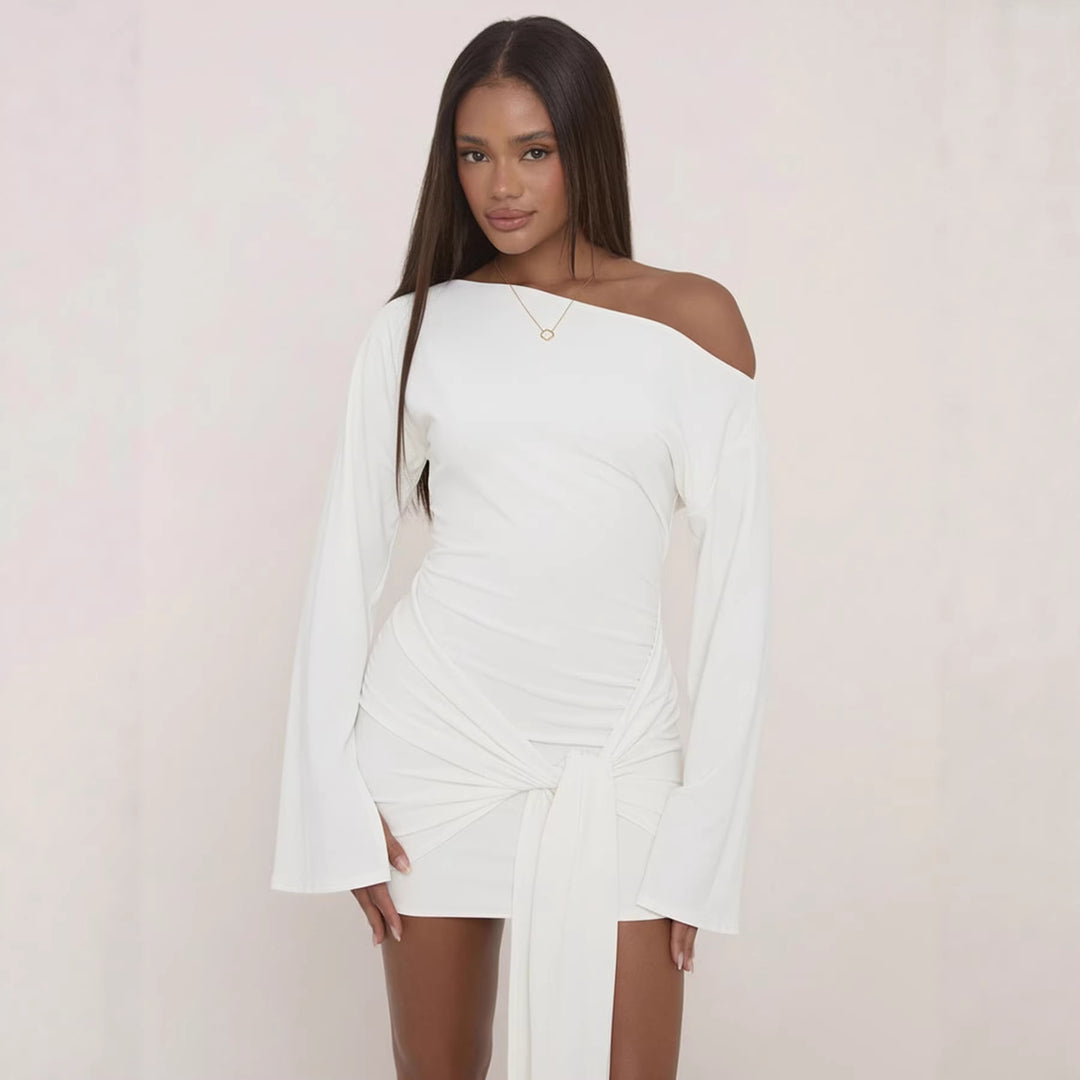 Women Asymmetric One-Shoulder Mini Wrap Dress with Knot Front and Draped Bow Mune Fashion