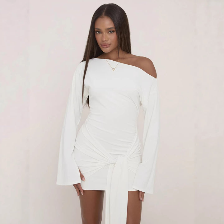 Women Asymmetric One-Shoulder Mini Wrap Dress with Knot Front and Draped Bow Mune Fashion