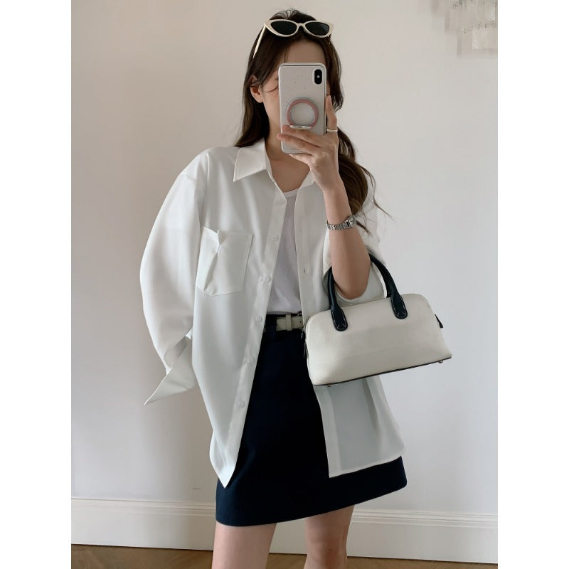 Women Oversized Shirt Blouse made of Flowing Material with Breast Pocket Mune Fashion