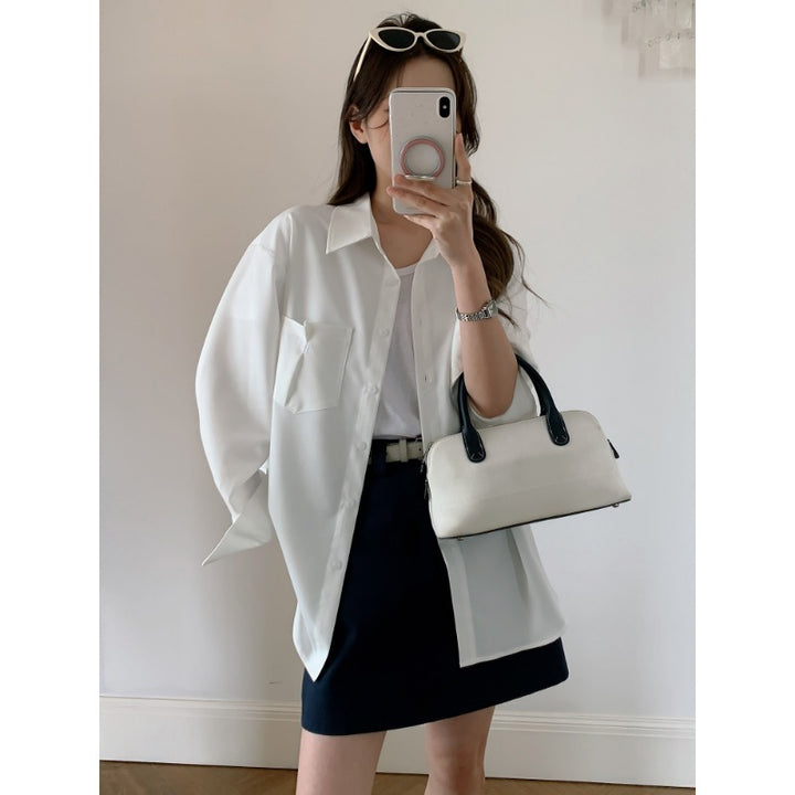 Women Oversized Shirt Blouse made of Flowing Material with Breast Pocket Mune Fashion