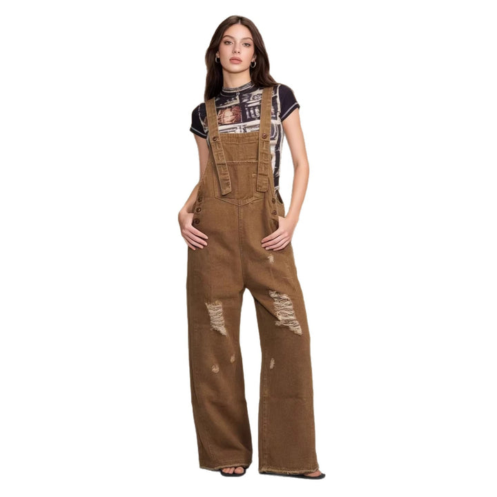 Women's modern baggy overalls made of pigment-dyed stretch denim with adjustable straps and visible rips Mune Fashion
