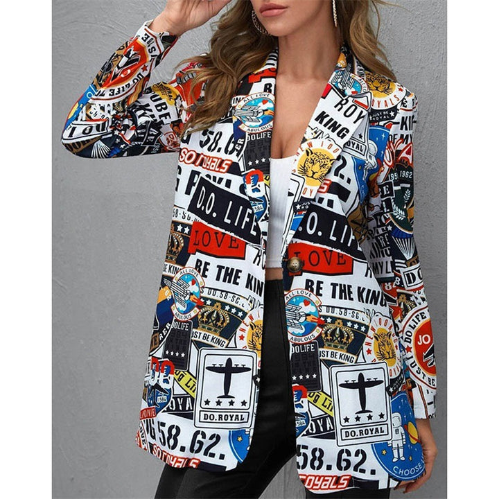 Women's Printed Long Blazer with Graphic Street Art Pattern and Tailored Fit Mune Fashion