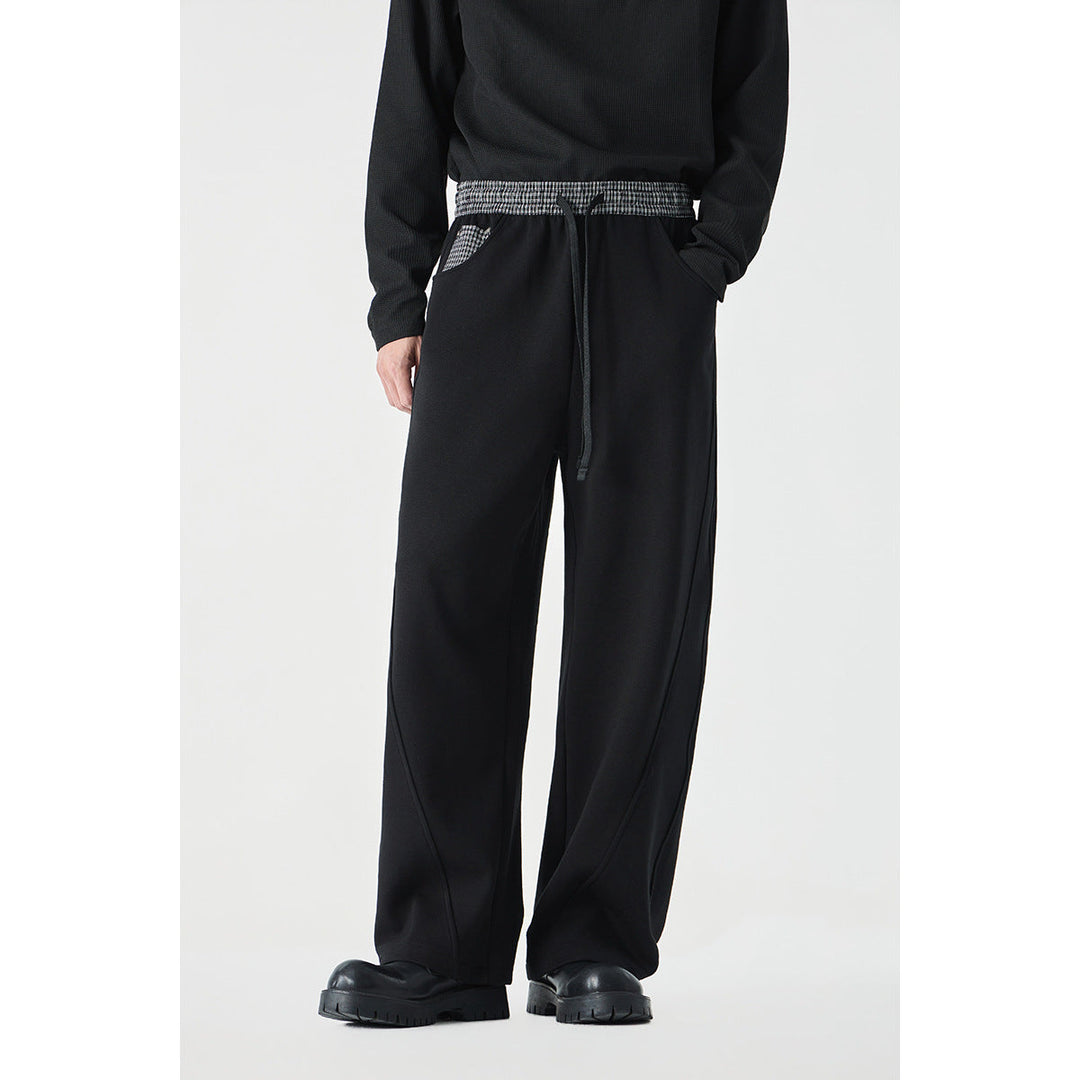 Women's Cropped Relaxed Jogging Pants with Elastic Drawstring, Check Detail and Decorative Seams