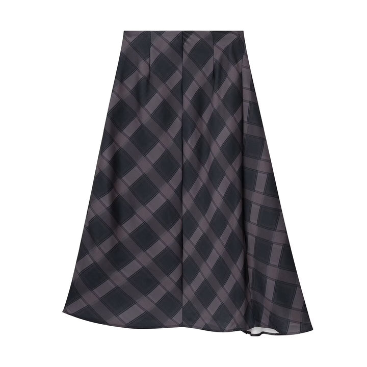 Women's Asymmetrical Midi Skirt with Check Pattern and Flared A-Line Dress