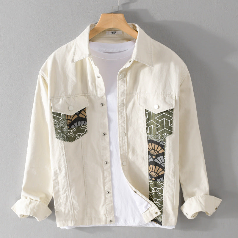Men's Lightweight Canvas Overshirt in Worker Style with Japanese Pattern Patch and Snap Button Placket Mune Fashion