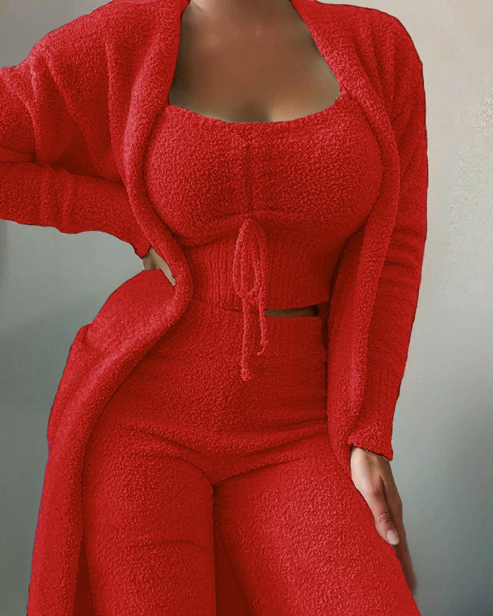 Women's luxurious teddy fleece lounge set with long cardigan, gathered cropped bustier and high waist pants Mune Fashion