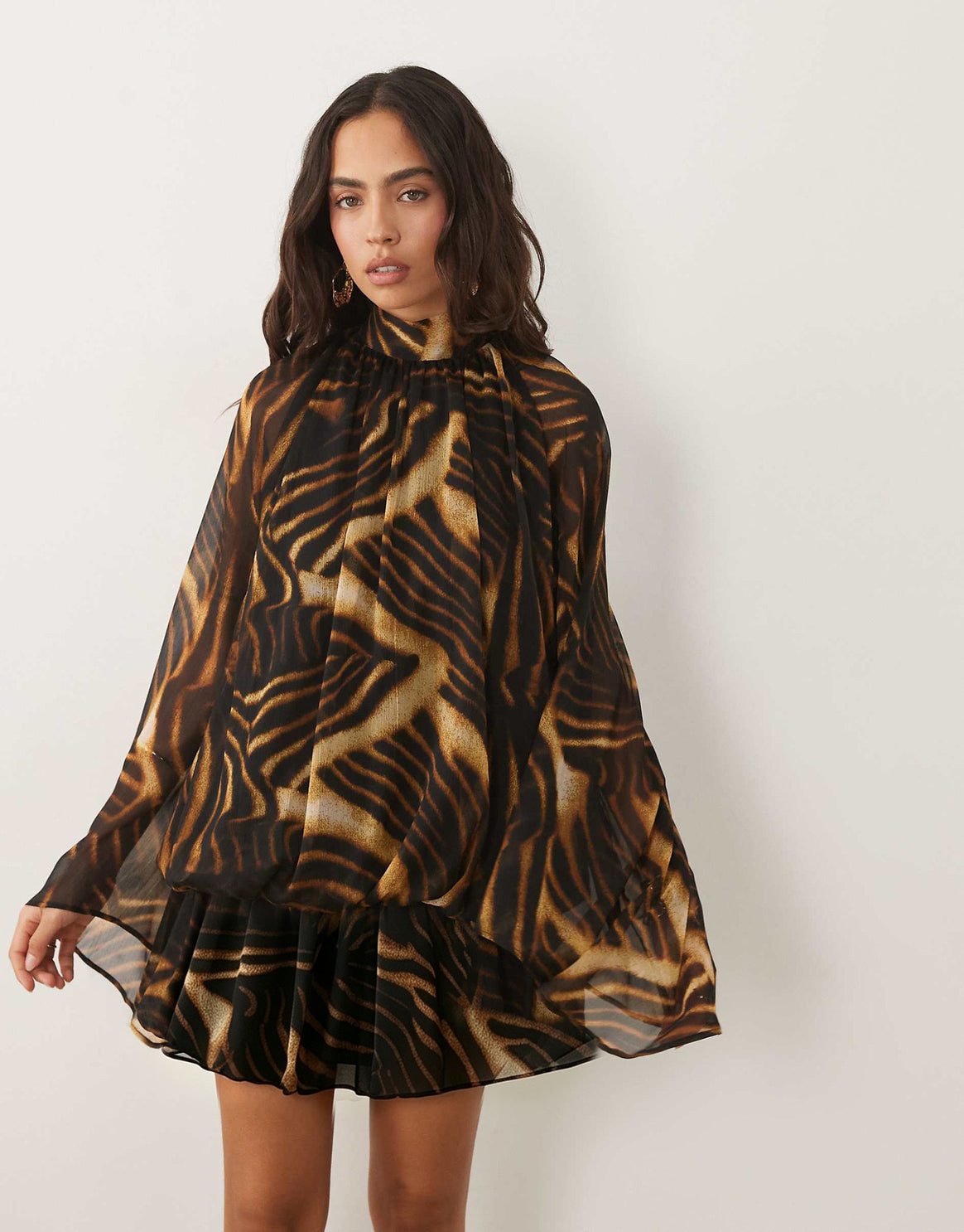 Women's chiffon mini dress with gathered blouse tunic, stand-up collar, and flounce skirt Mune Fashion