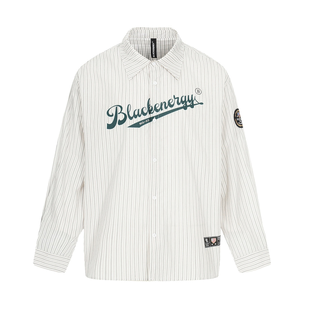 Men's Oversized Shirt Jacket in Baseball-Inspired Style with Stripes, Logo Print, and Patch Applications Mune Fashion