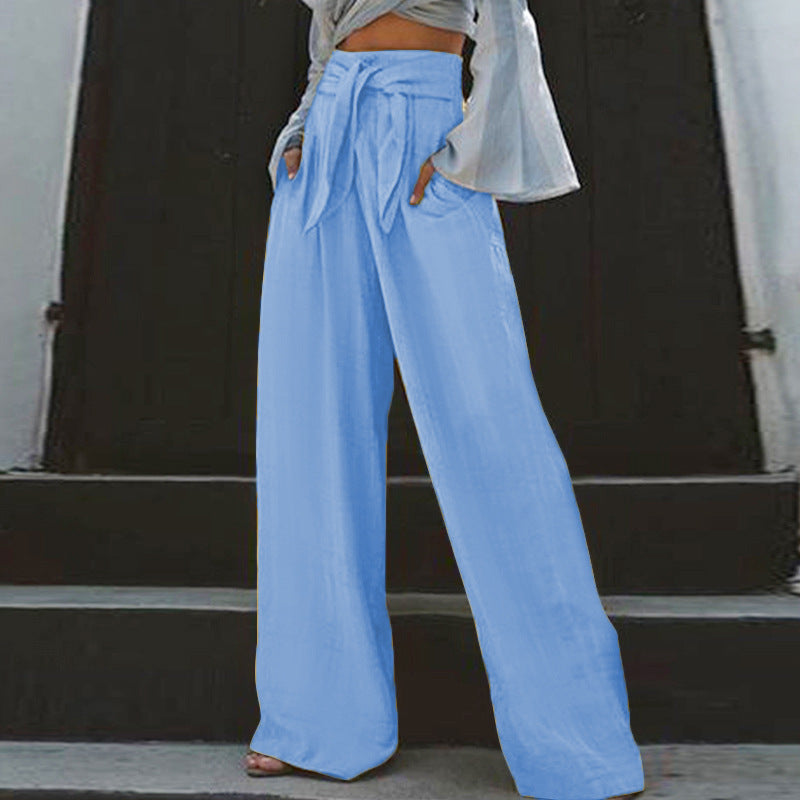 Ladies wide High-Waist linen pants with tie belt and inset pockets Mune Fashion