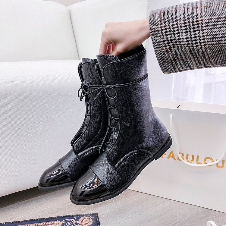 Women ankle-high lace-up boots with pointed toe design and textured leather look Mune Fashion