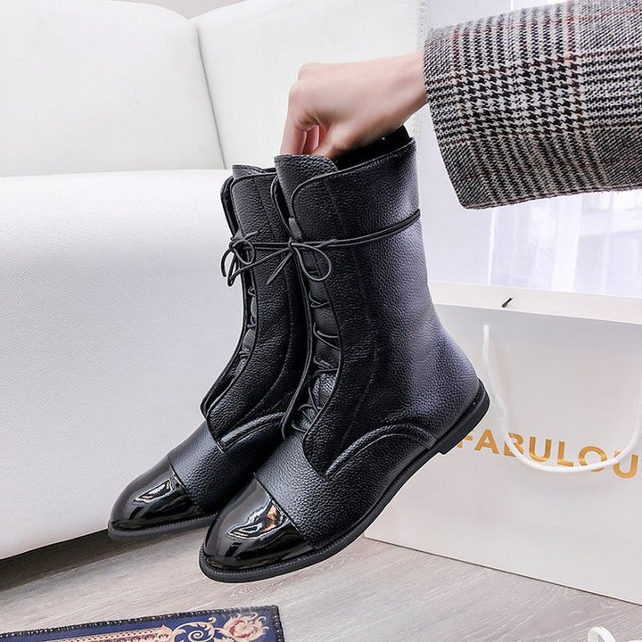 Women ankle-high lace-up boots with pointed toe design and textured leather look Mune Fashion