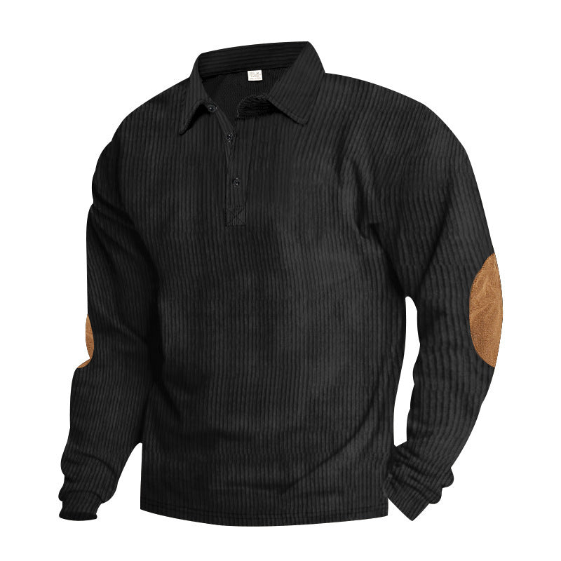 Men's heavy ribbed cotton polo sweater with Kent collar, triple button placket, and suede elbow patches Mune Fashion