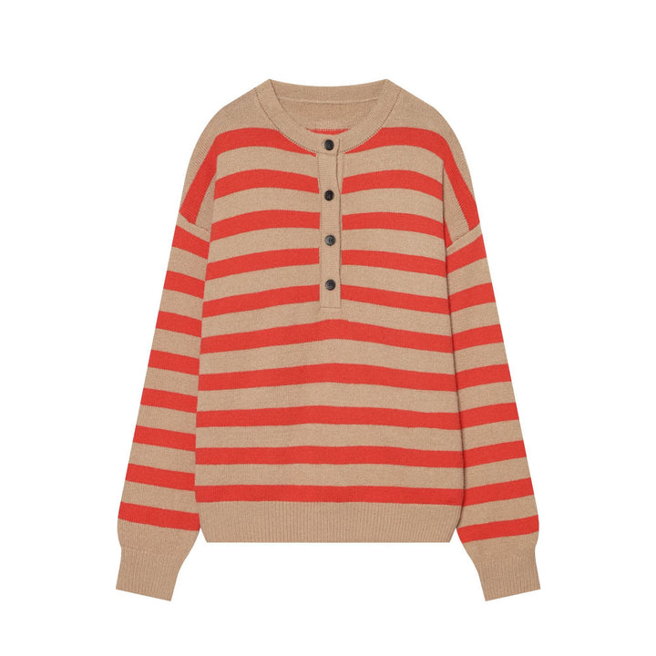 Women's Striped Knit Sweater with Henley Button Placket and Oversized Silhouette Mune Fashion