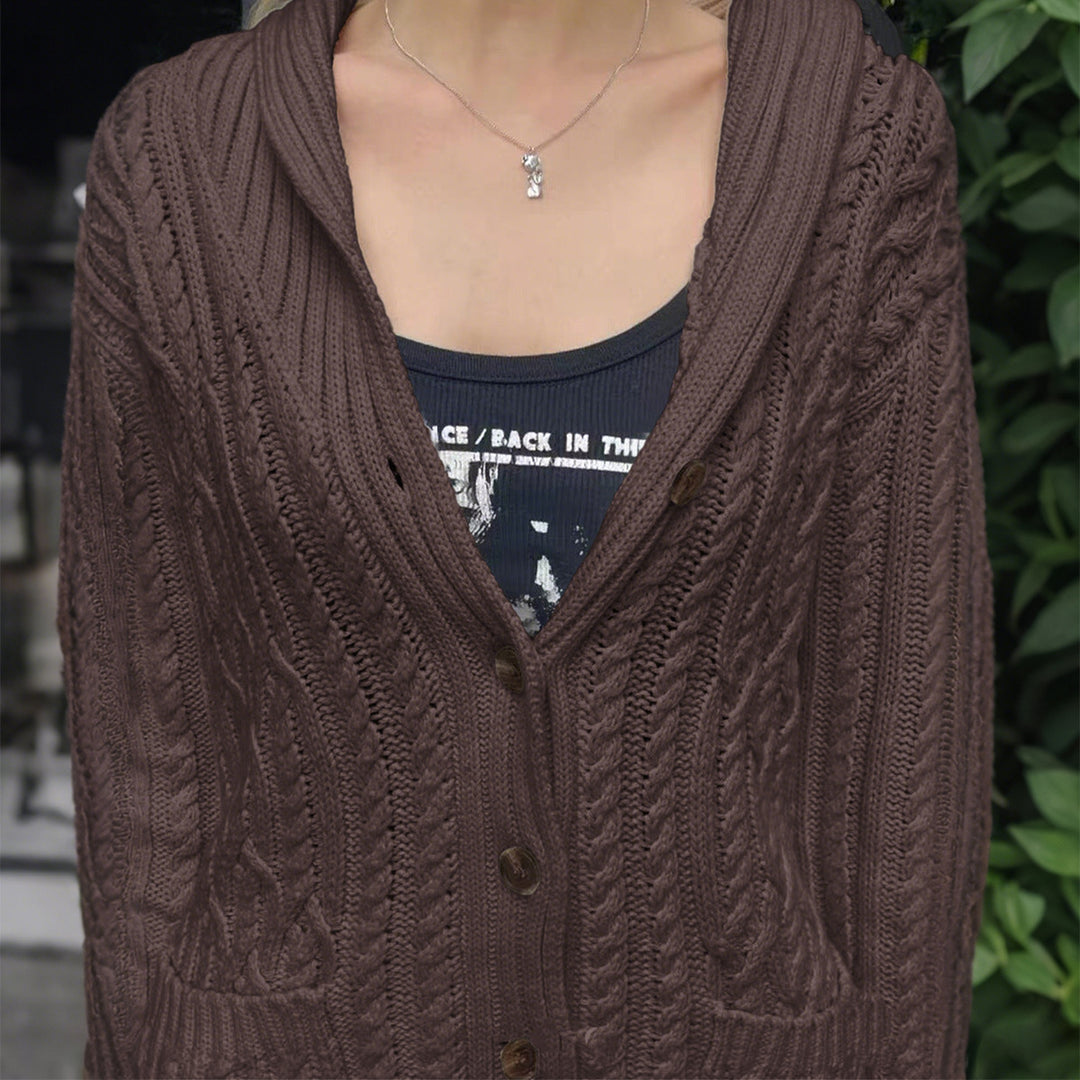 Women's hooded knitted cardigan with cable pattern, shawl collar, and wooden buttons Mune Fashion