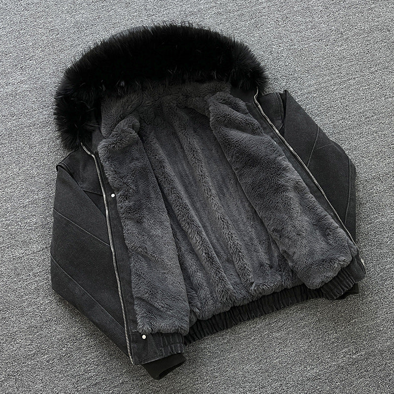 Unisex Quilted Bomber Jacket with Large Hood and Faux Fur Trim Mune Fashion