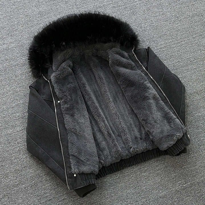Unisex Quilted Bomber Jacket with Large Hood and Faux Fur Trim Mune Fashion