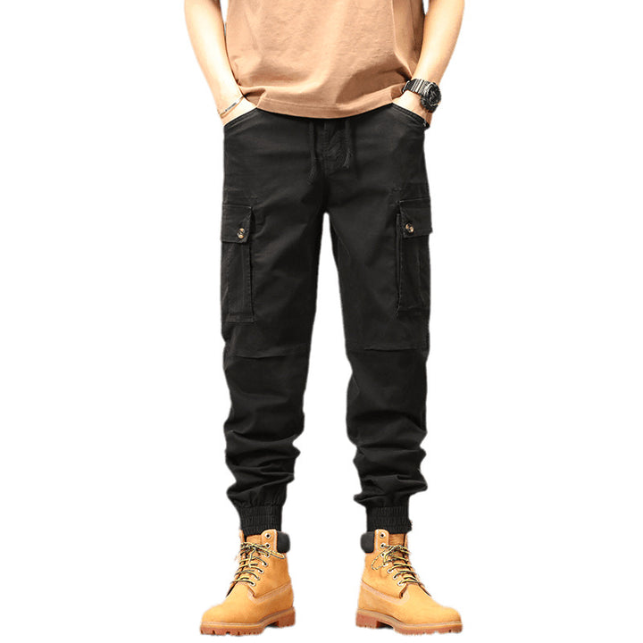 Men's Multifunctional Canvas Cargo Pants in Jogger Style with Elastic Ankle Cuffs, Flap Pockets, and Knee Reinforcement Mune Fashion