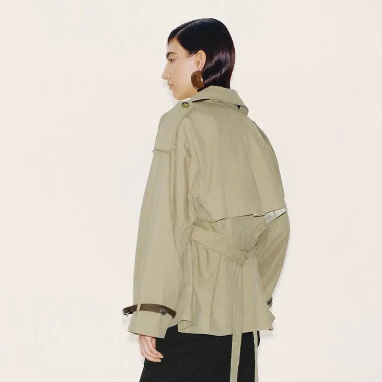 Women Short Boxy Trench Coat with Wide Lapels, Shoulder Straps and Adjustable Cuffs Mune Fashion