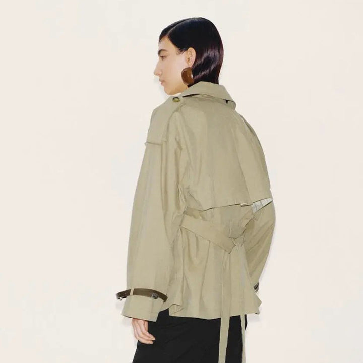 Women Short Boxy Trench Coat with Wide Lapels, Shoulder Straps and Adjustable Cuffs Mune Fashion