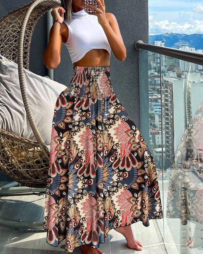 Women’s Maxi Skirt with High Smock Waist and Wide Boho Print Mune Fashion