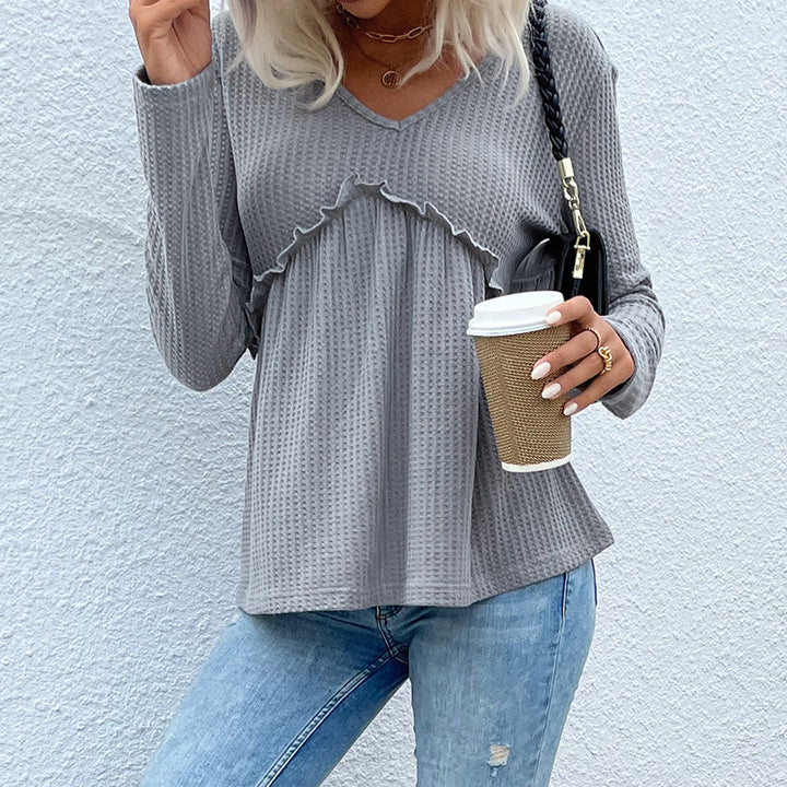 Women Structured Waffle Knit Blouse with V-Neck and Ruffle Detail Mune Fashion