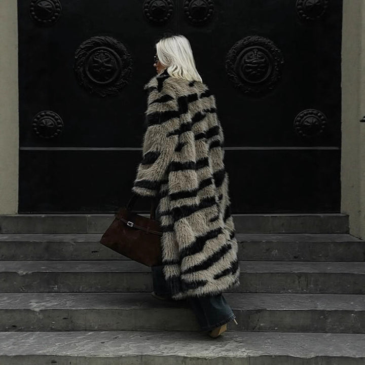 Women Oversize Faux Fur Coat with Striped Maxi Cut Mune Fashion