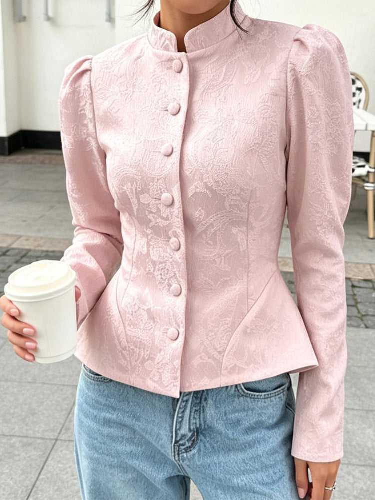 Women tailored jacquard blouse with stand-up collar and decorative button placket Mune Fashion
