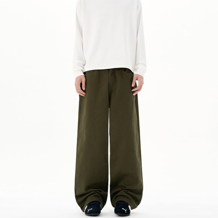Men's Wide Cotton Twill Trousers with High Waist and Straight Leg Mune Fashion