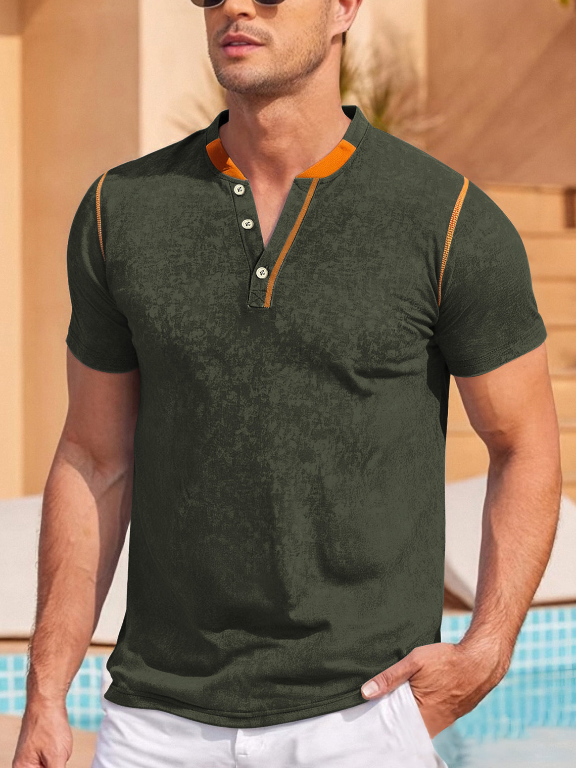 Men's casual short sleeve Grandad shirt with short button placket, contrast piping and washed soft structure Mune Fashion