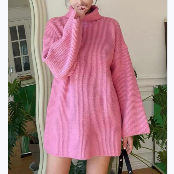 Women Oversized Ribbed Turtleneck Knit Dress with Bell Sleeves Mune Fashion