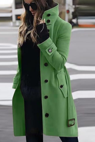 Women's tailored wool blend coat with stand-up collar, flap pockets, and adjustable waistband Mune Fashion