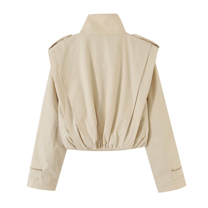 Women's Cropped Double-Breasted Trench Jacket with Stand-Up Collar and Tailoring Elastic Mune Fashion