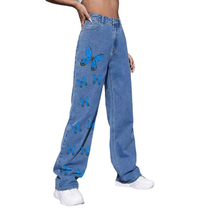 Women Wide Jeans Pants with Butterfly Print Mune Fashion