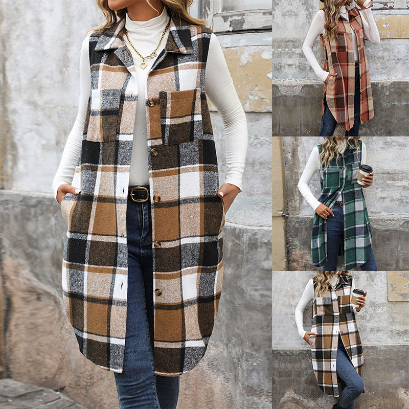 Women's Sleeveless Checkered Long Vest with Shirt Collar Mune Fashion
