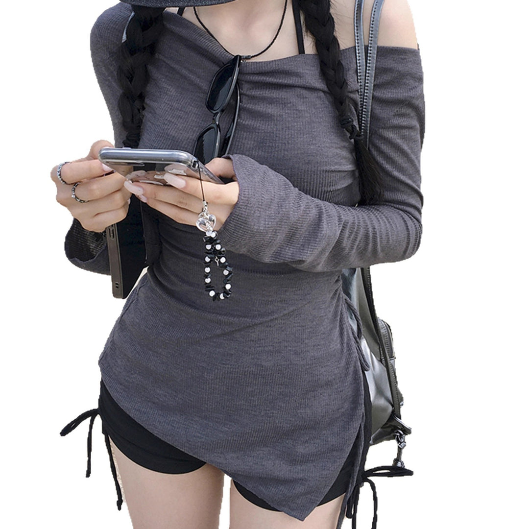 Women's figure-hugging off-shoulder ribbed knit mini dress with side drawstring gathering and long sleeves Mune Fashion