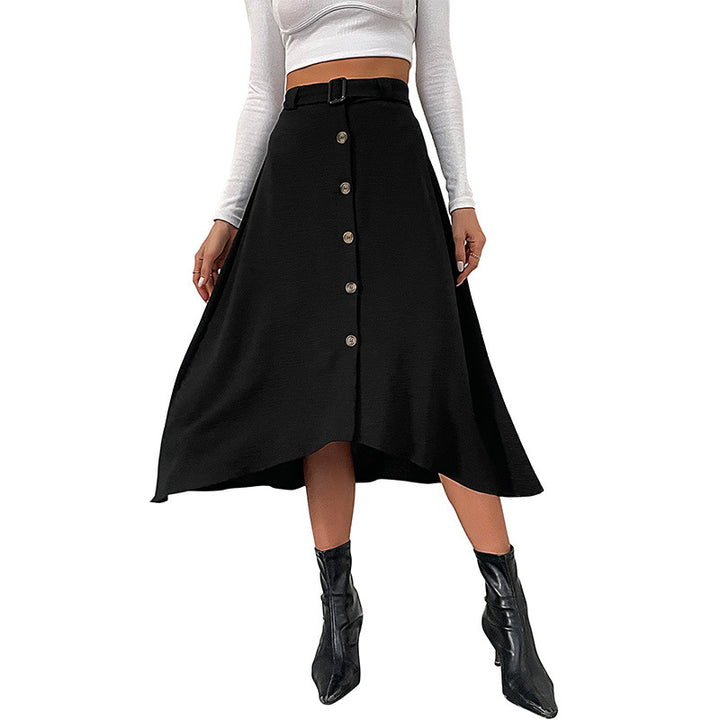 Women's midi skirt with continuous decorative button placket, belt waistband, and slightly flared A-line silhouette Mune Fashion