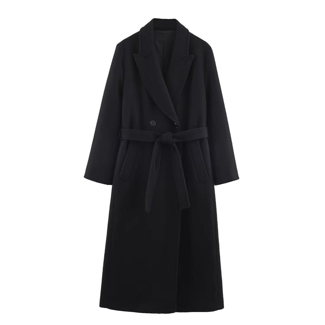Women Long Tailored Wool Blend Coat with Tie Belt and Lapel Collar Mune Fashion