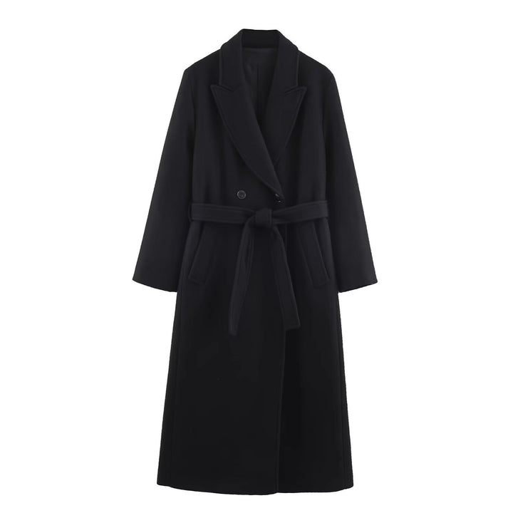 Women Long Tailored Wool Blend Coat with Tie Belt and Lapel Collar Mune Fashion