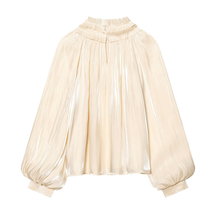 Women's pleated high-neck blouse with ruffled collar, balloon sleeves and elastic cuffs Mune Fashion