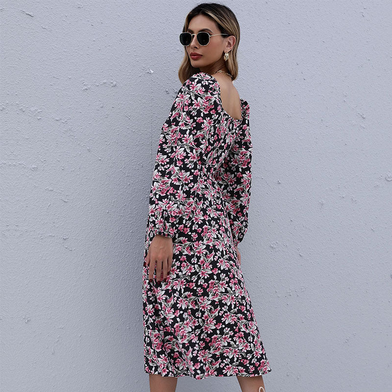 Women's midi dress with floral tiered skirt, gathered neckline & waist drawstring Mune Fashion