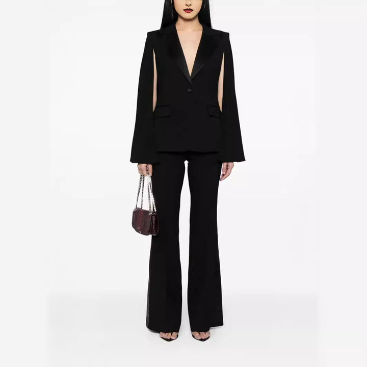 Women's Two-Piece Evening Blazer Set with Cape Sleeves and Flared Marlene Pants Mune Fashion