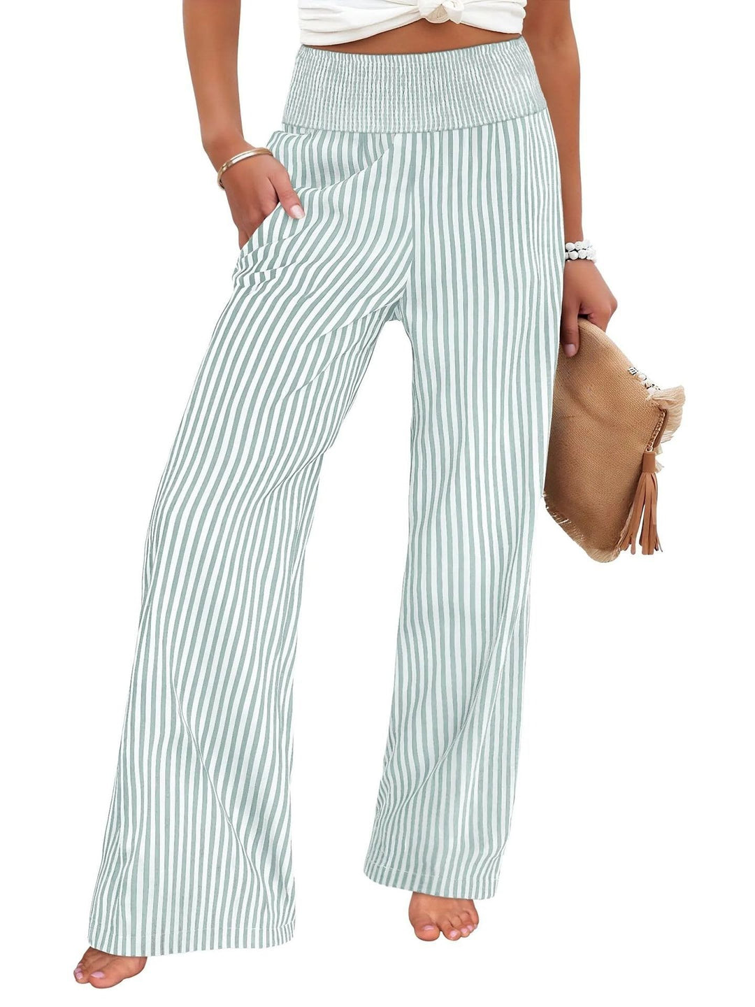 Women's Striped Palazzo Pants with High Ruffled Waist and Wide Leg Mune Fashion
