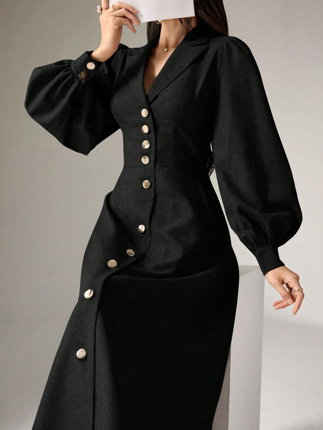 Women's Tailored Midi Dress with Balloon Sleeves and Notched Collar Mune Fashion