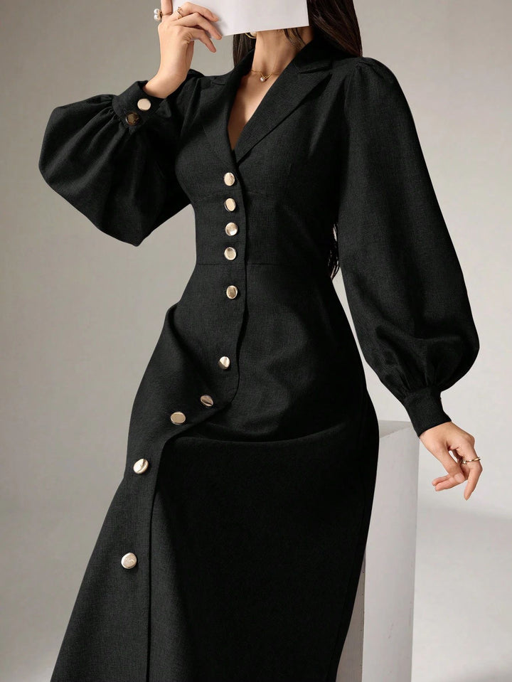 Women's Tailored Midi Dress with Balloon Sleeves and Notched Collar Mune Fashion