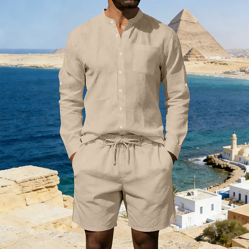 Men's casual linen set with stand collar shirt and drawstring shorts Mune Fashion
