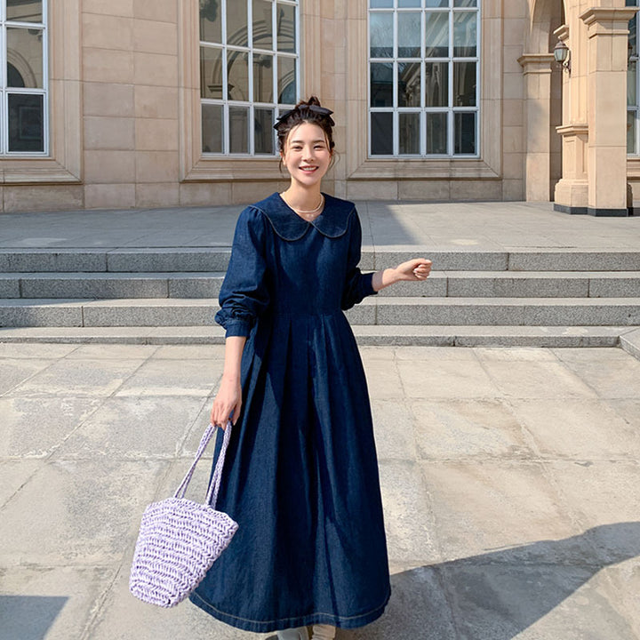 Women's Long Chambray Midaxi Shirt Dress with Ruffled Waist Yoke and Wide Skirt Pleats Mune Fashion